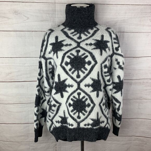 wool sweater aztec geometric tribal western Star high-low white black small 4 6 - Picture 1 of 12